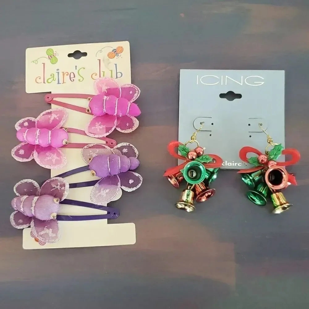 NWT Lot of Cute Butterfly Hair Barettes and Christmas Bell Pierced Wire Earrings